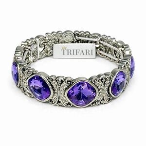 Trifari Purple Amethyst Crystal Stretch Bracelet Silver Tone Art Deco Style NWT